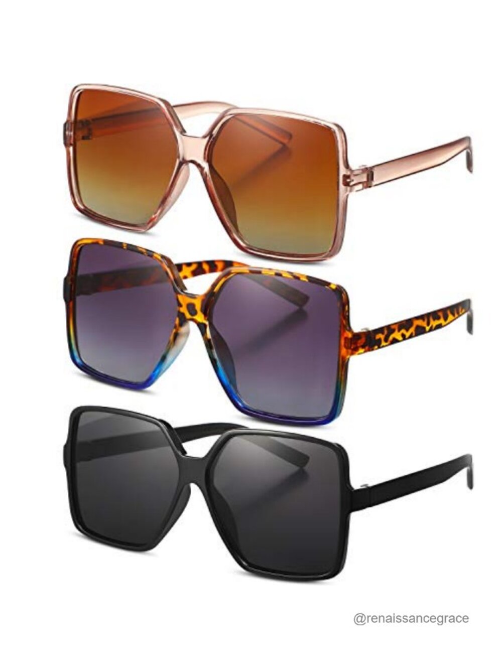 Vintage Square Sunglasses Oversized Frame UV Protection 3 Pair Set